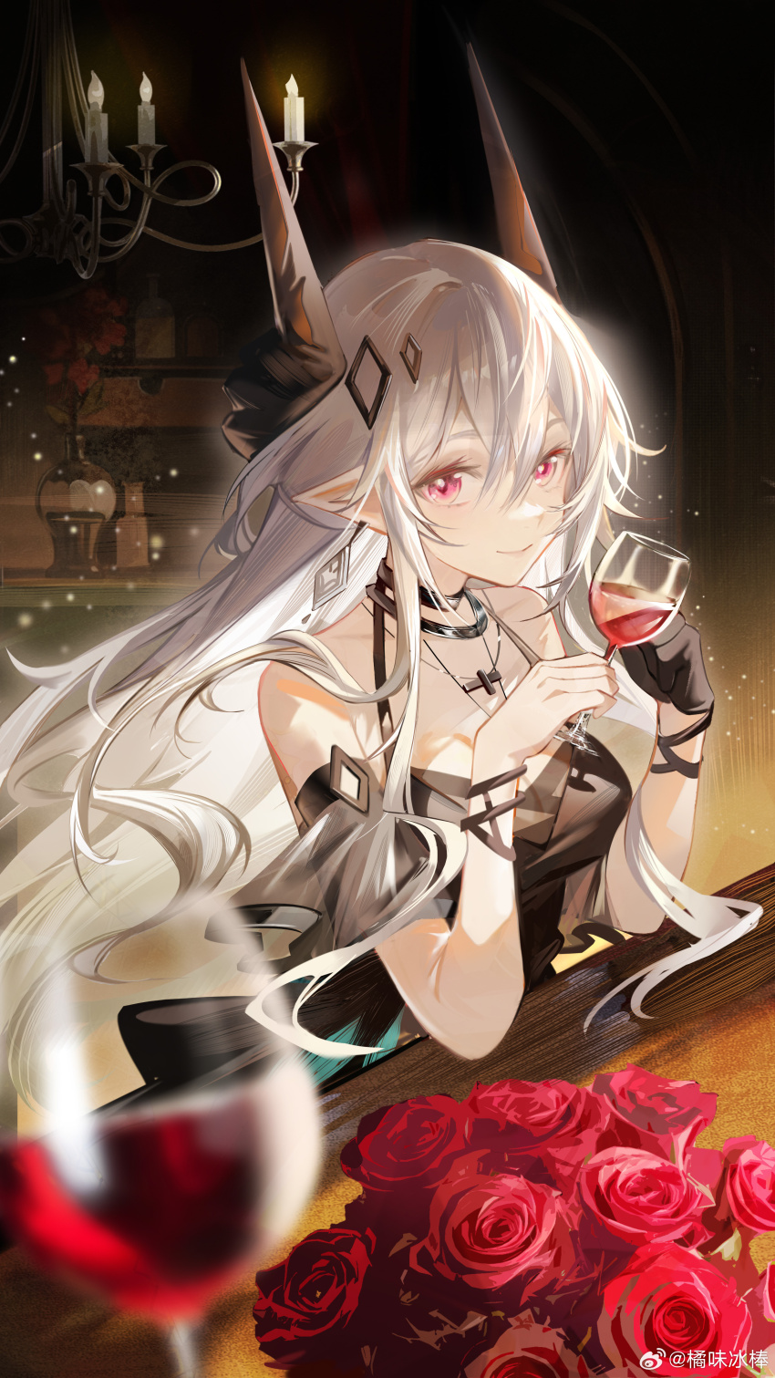 1girl, absurdres, alcohol, arknights, bare_shoulders, black_dress, black_gloves, black_horns