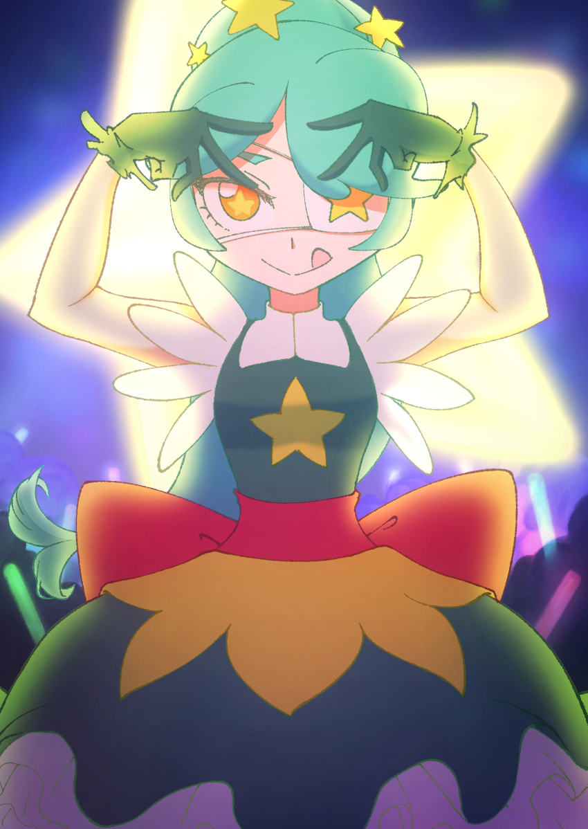 1563ichikorosan, 1girl, annie_(skullgirls), arms_up, bow, cowboy_shot, dress, eyepatch