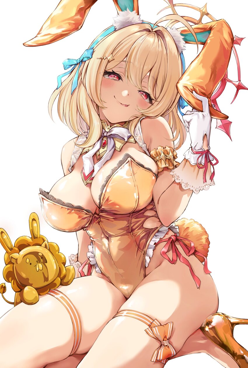 1girl, :p, absurdres, adapted_costume, ahoge, animal_ears, blonde_hair, blue_hairband