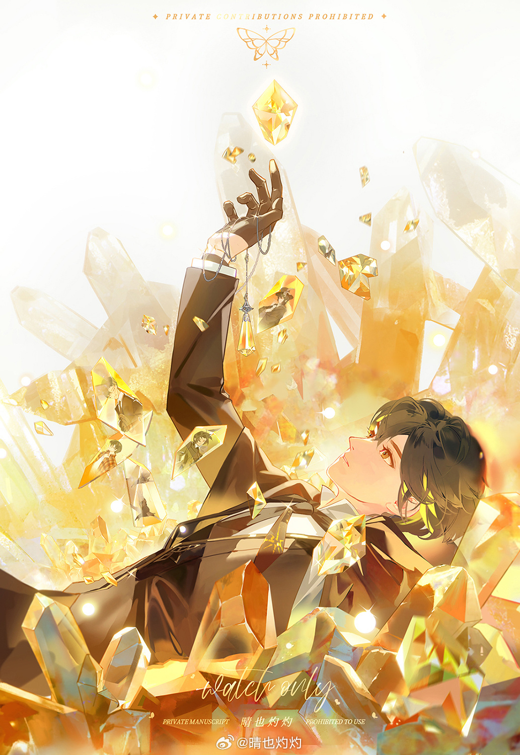 1boy, abstract_background, artist_request, black_gloves, black_hair, black_jacket, black_necktie, black_pants