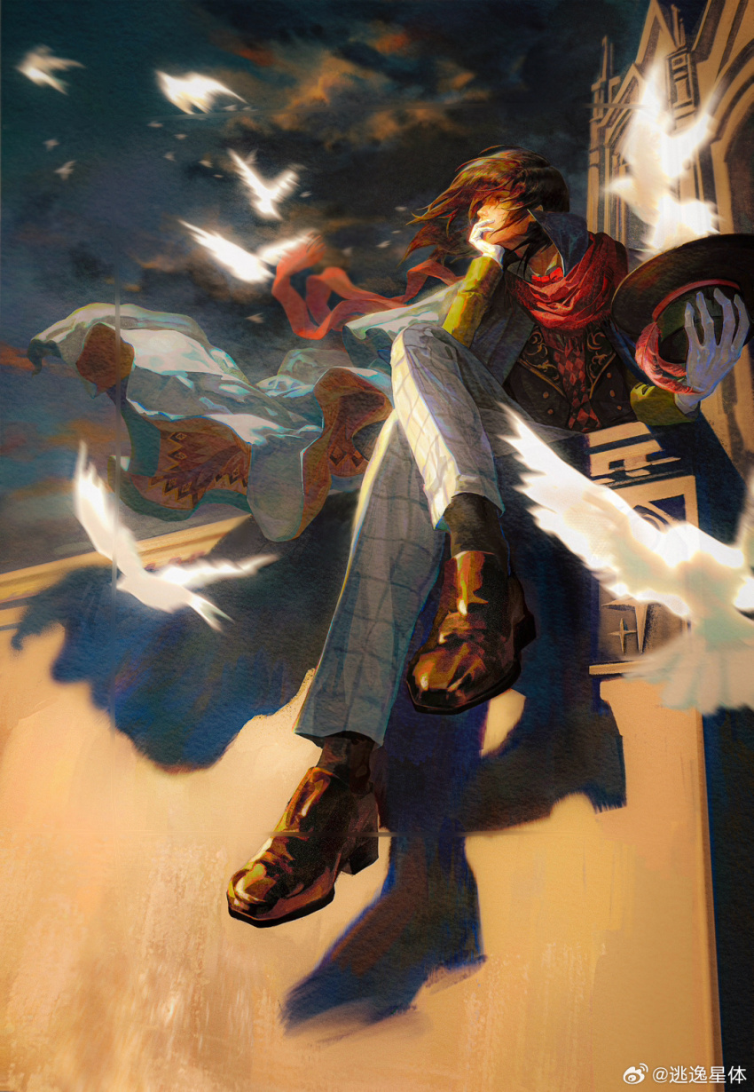 bird, black_hair, brown_footwear, brown_jacket, building, cape, cloud, cloudy_sky