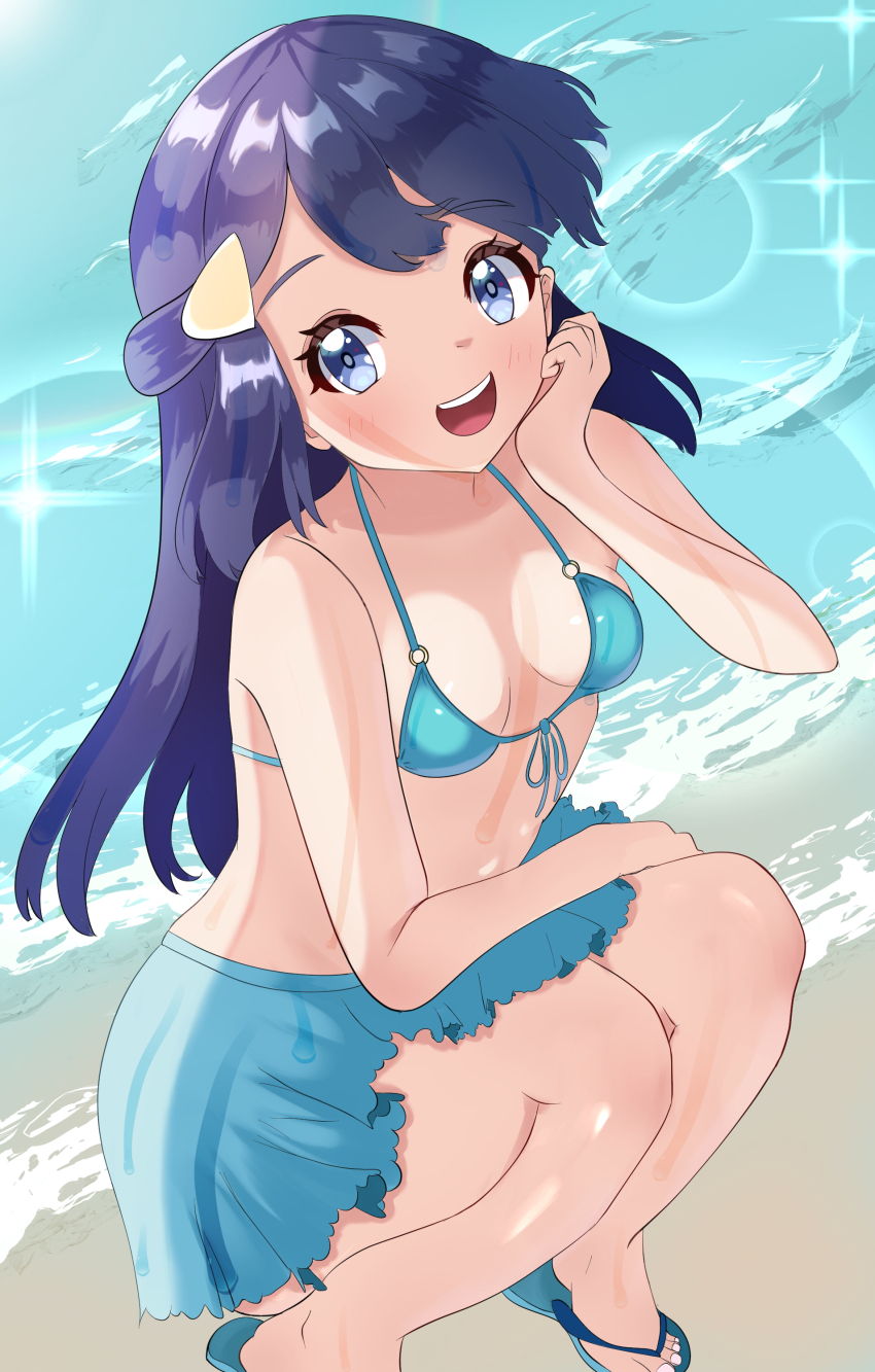 1girl, absurdres, beach, bikini, blue_bikini, blue_eyes, blue_hair, blue_sarong, breasts, commentary_request, dawn_(pokemon), edwith27, front-tie_bikini_top, front-tie_top, full_body, hair_ornament, hairclip, highres, long_hair, nintendo, open_mouth, pokemon, pokemon_(anime), pokemon_the_series:_diamond_and_pearl, sarong, small_breasts, solo, squatting, swimsuit, teeth, upper_teeth_only, water, waves