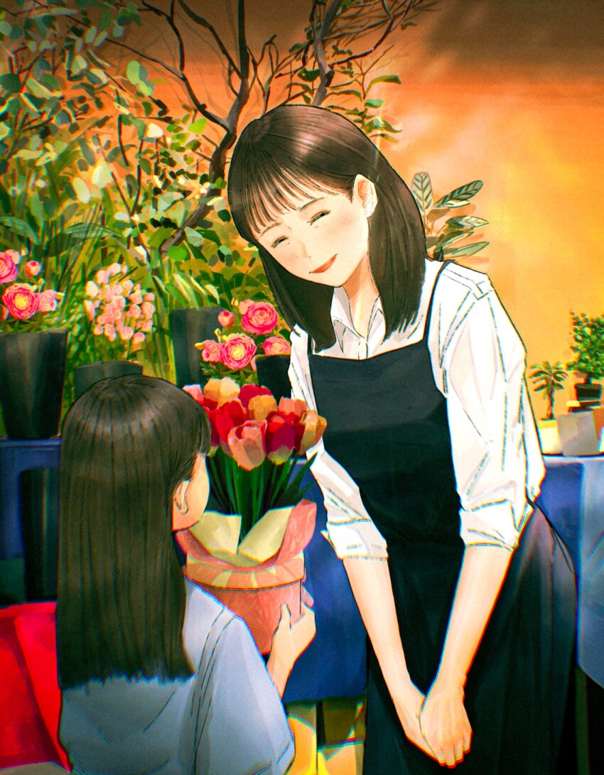 2girls, apron, black_apron, black_hair, blue_shirt, child, closed_eyes, closed_mouth, flower, flower_pot, flower_shop, highres, holding, holding_flower_pot, indoors, long_hair, multiple_girls, original, plant, potted_plant, rose, shimakaito, shirt, shop, short_sleeves, smile, table, tulip, white_shirt