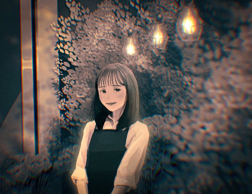 1girl, blurry, chromatic_aberration, closed_mouth, depth_of_field, dress, eyelashes, hanging_light