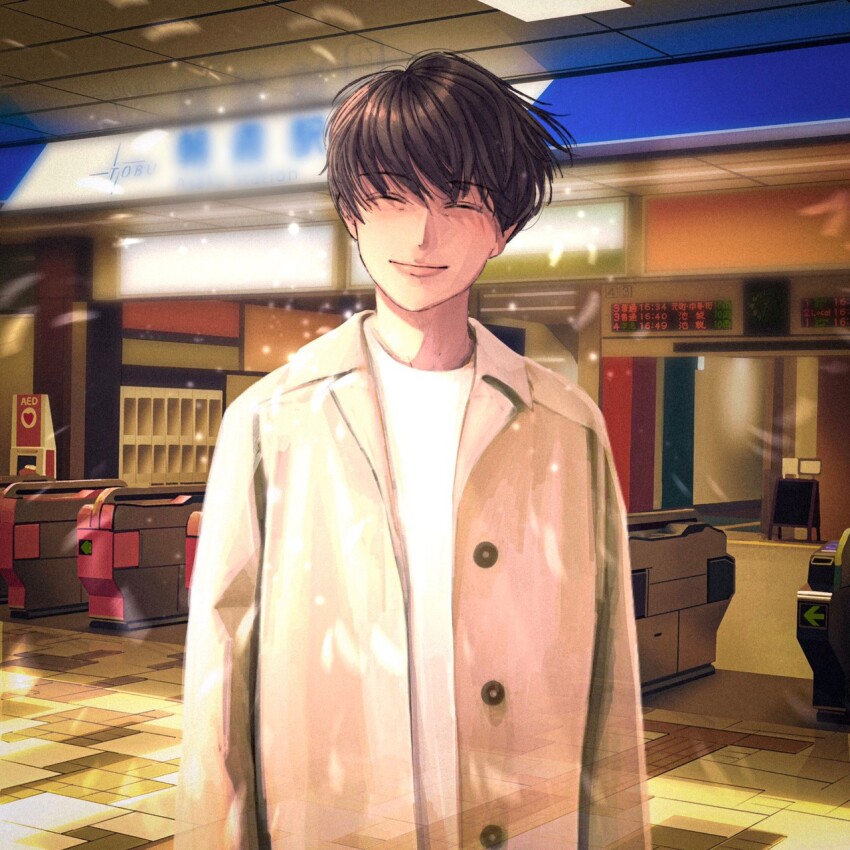 1boy, brown_coat, brown_hair, buttons, closed_eyes, closed_mouth, coat, facing_viewer