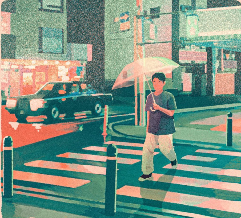 1boy, black_hair, black_shirt, car, city, closed_eyes, closed_mouth, crosswalk, full_body, holding, holding_umbrella, male_focus, motor_vehicle, original, outdoors, pants, shimakaito, shirt, solo, t-shirt, transparent, transparent_umbrella, umbrella, utility_pole, walking, white_pants