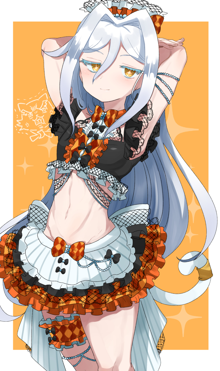 1girl, absurdres, argyle_bow, argyle_clothes, argyle_skirt, armpit_peek, arms_behind_head, arms_up