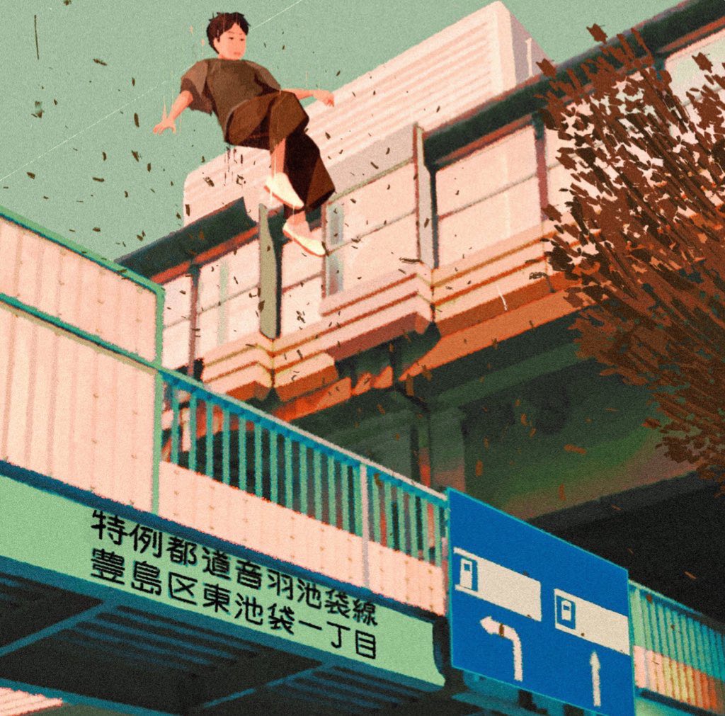 1boy, black_hair, brown_pants, brown_shirt, commentary_request, falling, full_body, implied_suicide