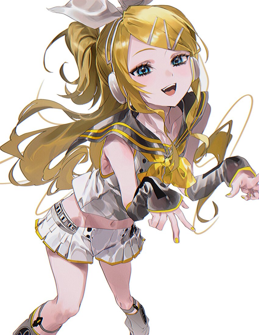 1girl, :d, alternate_hairstyle, black_sailor_collar, black_sleeves, blonde_hair, blue_eyes, bow