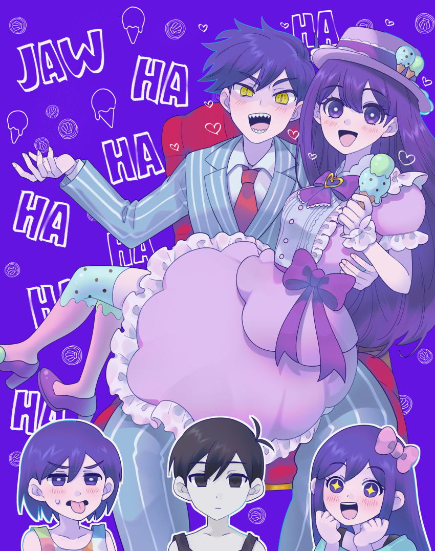 +_+, 2girls, 3boys, :d, alternate_costume, alternate_eye_color, antenna_hair, aqua_pants