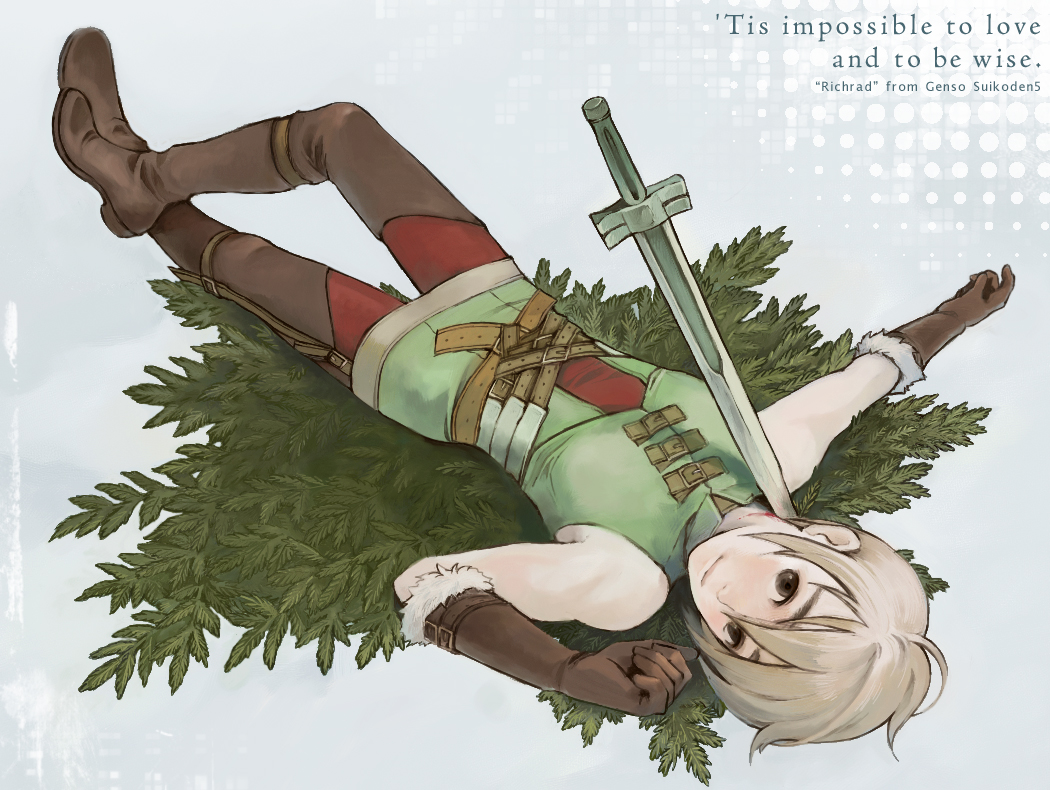 1boy, belt, blonde_hair, blood, boots, brown_eyes, gensou_suikoden, gensou_suikoden_v, gloves, lying, male_focus, natsuo_(hatohaco), richard, richard_(suikoden), short_hair, solo, sword, thigh_boots, thighhighs, weapon