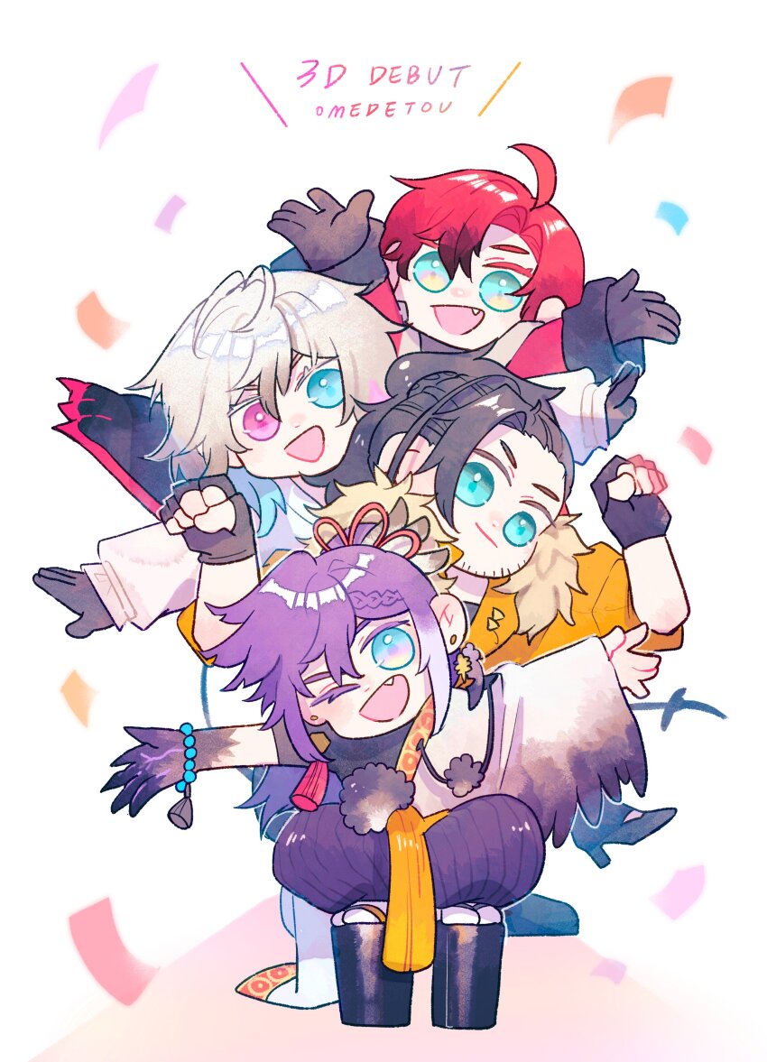 4boys, absurdres, ahoge, banzoin_hakka, bead_bracelet, beads, beard_stubble, black_gloves