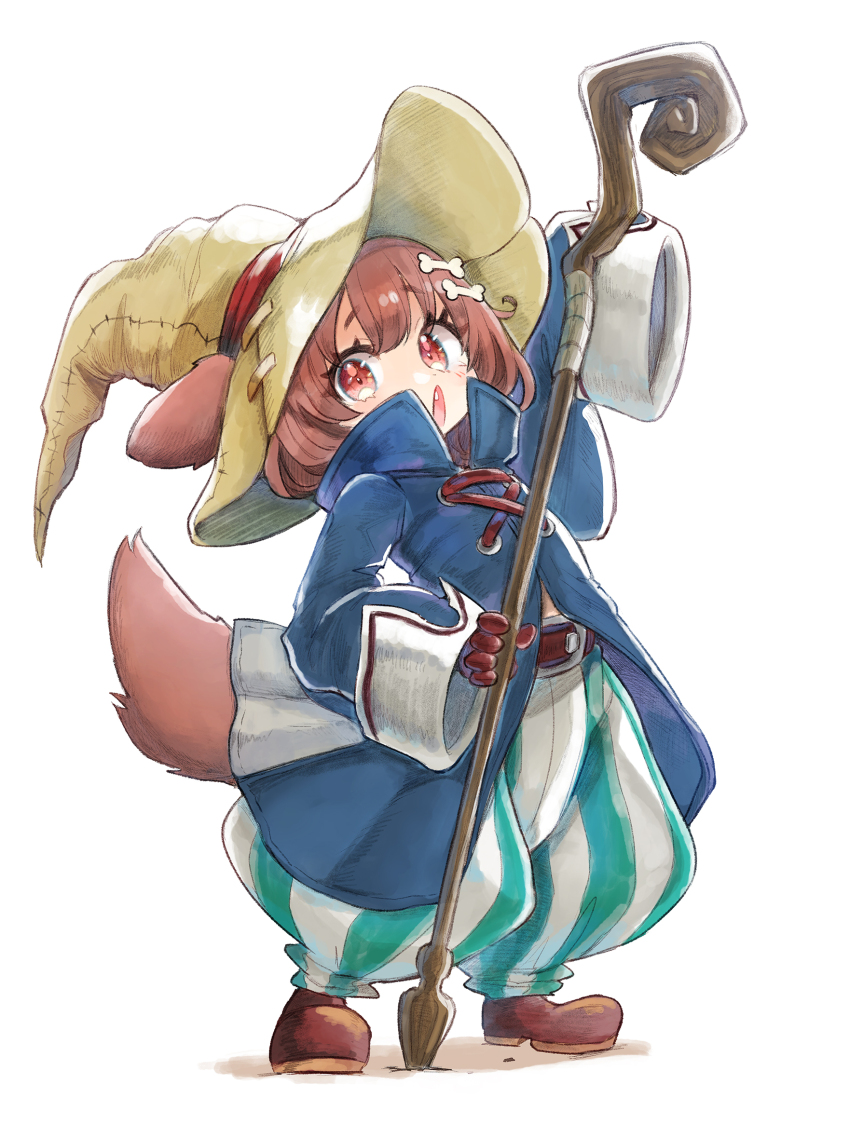 1girl, :o, animal_ears, arm_up, blue_coat, bone_hair_ornament, brown_eyes, brown_footwear