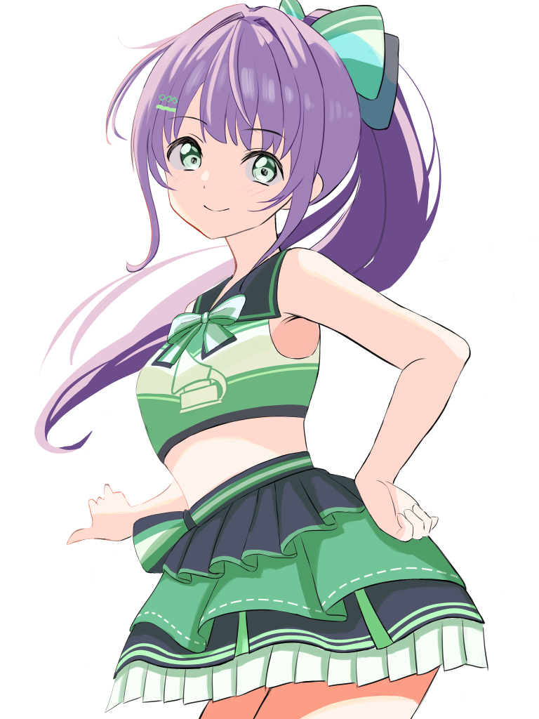 1girl, black_skirt, bow, bowtie, breasts, cheerleader, closed_mouth, commentary