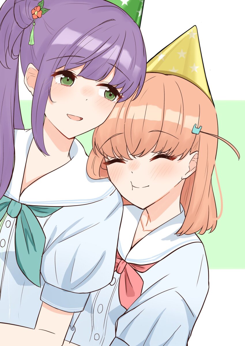 :d, ^_^, aqua_neckerchief, blue_dress, blush, cerise_bouquet, closed_eyes, closed_mouth