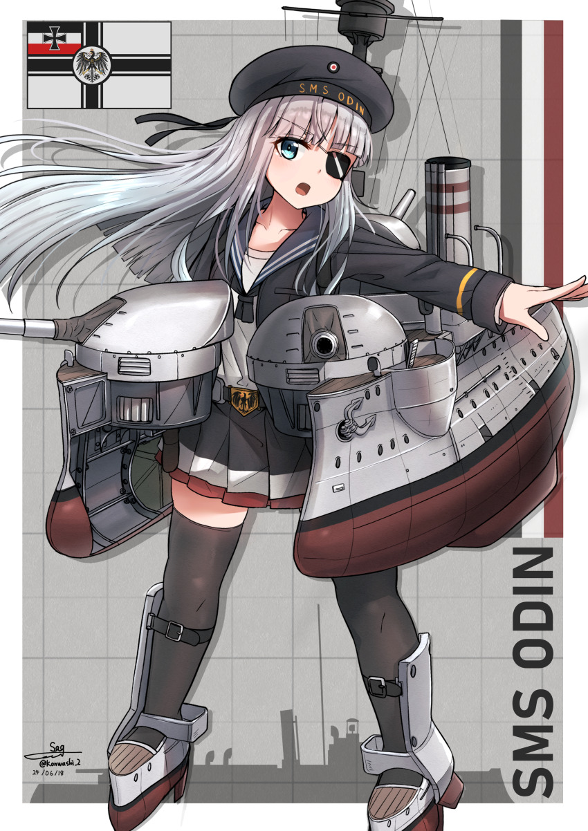 1girl, absurdres, anchor, aqua_eyes, battleship, black_thighhighs, blunt_bangs, cannon, character_name, eyepatch, german_empire, grey_hair, hat, highres, imperial_german_navy, long_hair, long_sleeves, machinery, mecha_musume, military_vehicle, miniskirt, original, personification, pleated_skirt, sailor_hat, ship, ship_turret, skirt, smokestack, sms_odin, solo, teisei_misagi, thighhighs, very_long_hair, warship, watercraft