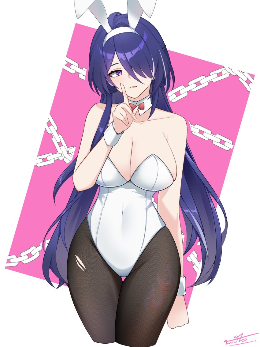 1girl, 2j_mumumu, absurdres, acheron_(honkai:_star_rail), alternate_breast_size, alternate_costume, animal_ears, arm_at_side, armpit_crease, bare_shoulders, black_pantyhose, bow, bowtie, breasts, collar, collarbone, commentary, covered_navel, cowboy_shot, detached_collar, english_commentary, fake_animal_ears, hair_over_one_eye, highleg, highleg_leotard, highres, honkai:_star_rail, honkai_(series), index_finger_raised, large_breasts, leg_tattoo, leotard, long_hair, looking_to_the_side, multicolored_hair, pantyhose, parted_lips, purple_eyes, purple_hair, rabbit_ears, red_bow, red_bowtie, signature, solo, strapless, strapless_leotard, streaked_hair, tattoo, torn_clothes, torn_pantyhose, white_collar, white_leotard, white_wrist_cuffs, wrist_cuffs