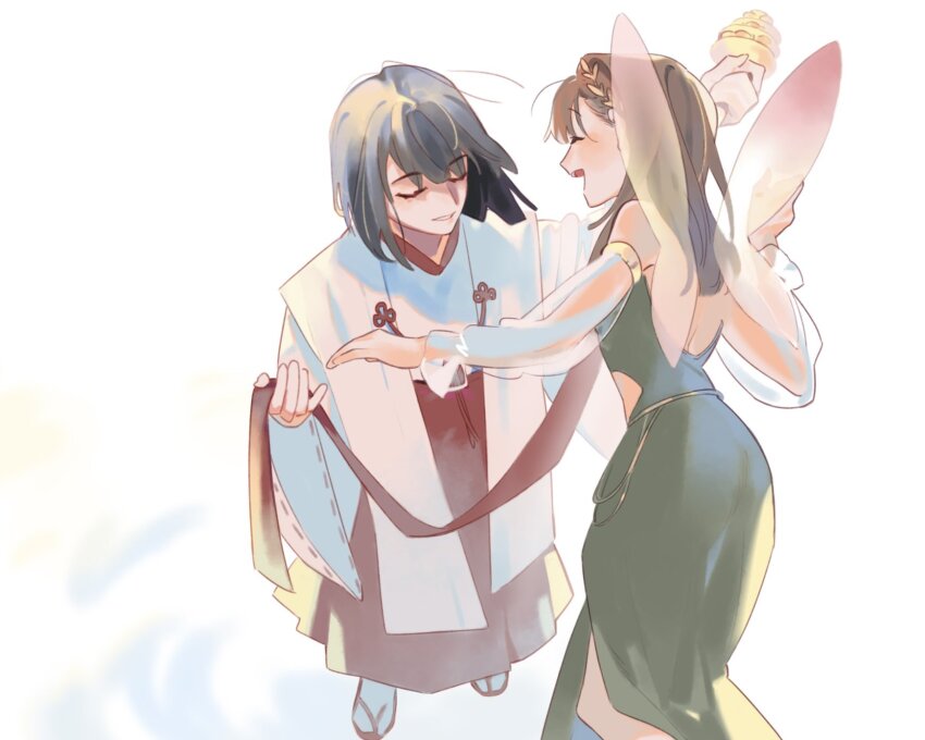 2girls, alternate_costume, alternate_species, alternate_universe, backless_dress, backless_outfit, bell, black_hair