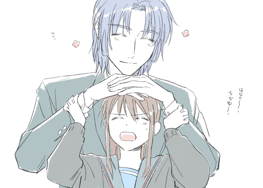 1boy, 1girl, arms_up, asakura_ryo, blazer, blue_hair, blue_sailor_collar, brown_hair