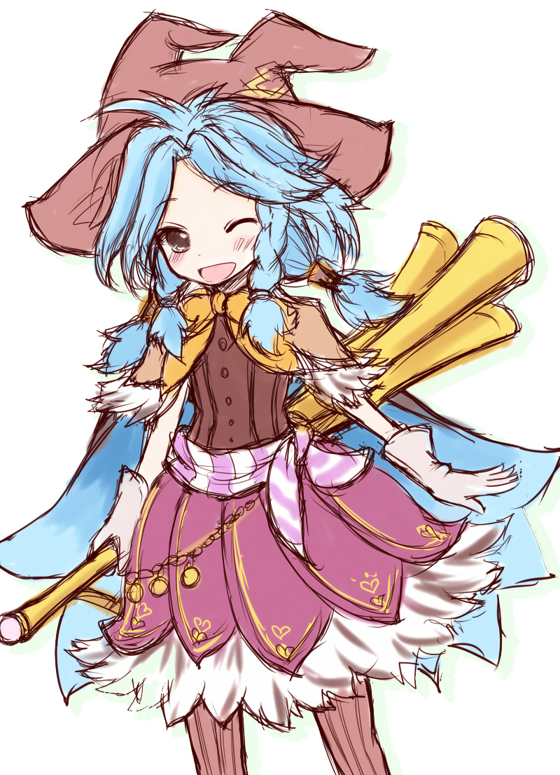 blue_hair, hat, marion_(rune_factory), rune_factory, rune_factory_3, smile, staff, wink