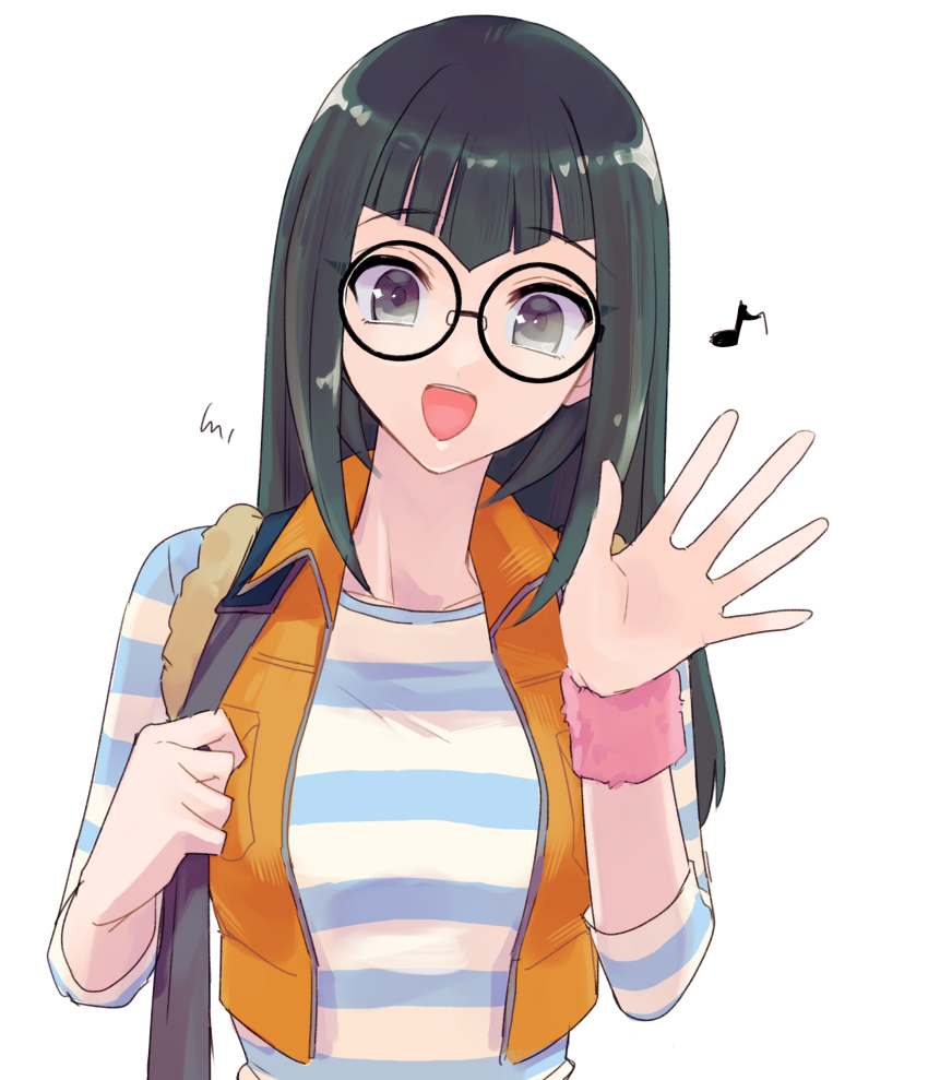 black_eyes, black_hair, blue_shirt, breasts, carly_nagisa, glasses, highres, ishinonono