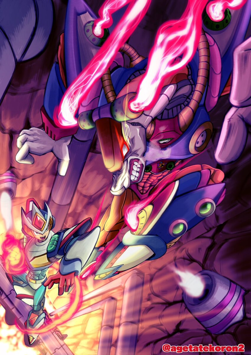 2boys, agetatekoron2, antlers, armor, deer, flame_stag, flaming_hand, flying_kick, forehead_jewel, helmet, highres, horns, kicking, male_focus, mega_man_(series), mega_man_x_(series), multiple_boys, open_mouth, parted_lips, second_armor_x_(mega_man), shouryuuken, teeth, twitter_username, uppercut, white_armor, white_helmet, x_(mega_man)