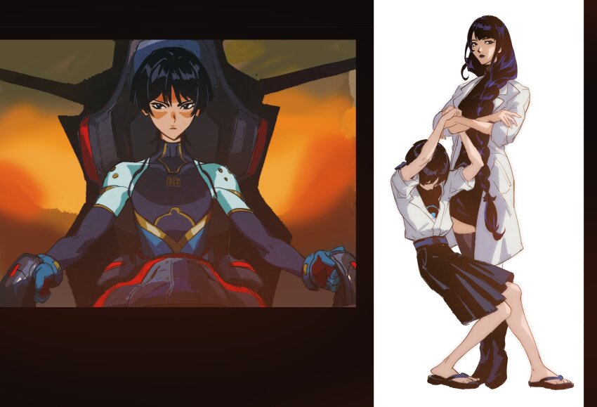 1boy, 1girl, absurdres, aina_(mayexplode), arms_up, black_dress, black_footwear, blue_eyes, blue_hair, blunt_bangs, boots, braid, closed_mouth, coat, crossover, dress, genshin_impact, hair_between_eyes, hair_over_shoulder, highres, lab_coat, leaning_back, long_hair, looking_at_viewer, looking_to_the_side, mobile_suit, mole, mole_under_eye, mother_and_child, mother_and_son, multicolored_background, neon_genesis_evangelion, open_clothes, open_coat, parent_and_child, pulling_arm, purple_eyes, purple_hair, raiden_shogun, sandals, scaramouche_(genshin_impact), shirt, short_hair, short_sleeves, shorts, single_braid, sitting, standing, thigh_boots, white_background, white_shirt