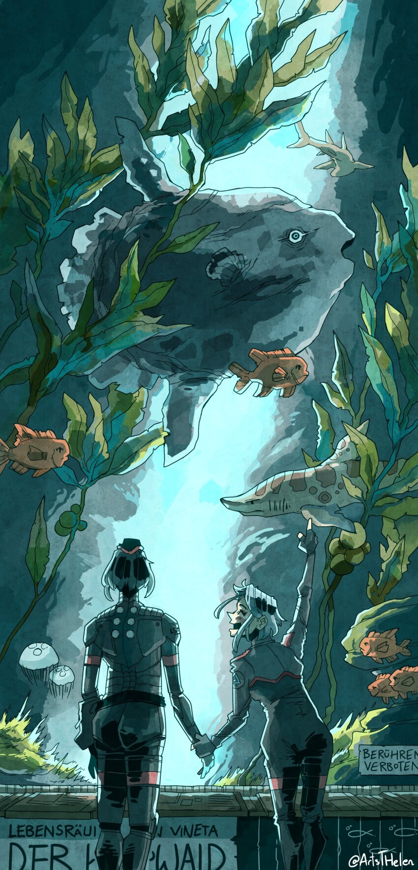 2girls, ^_^, absurdres, aquarium, ariane_yeong, artist_name, artsthelen, black_hair, closed_eyes, commentary, dating, elster_(signalis), english_commentary, fish, german_text, highres, holding_hands, looking_at_another, multiple_girls, opah_(moonfish), open_mouth, pointing, robot_girl, seaweed, short_hair, signalis, white_hair