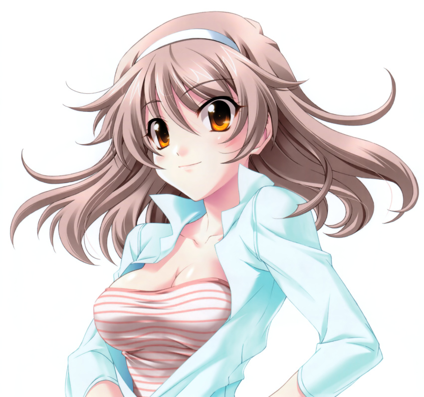 1girl, absurdres, blazer, breasts, brown_hair, cleavage, female_focus, hairband