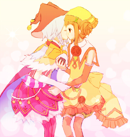 blue_hair, blush, brown_hair, chocolat_(rune_factory_3), food, hat, kiss, lowres, marion_(rune_factory), onigiri, rune_factory, rune_factory_3, witch, witch_hat, yuri