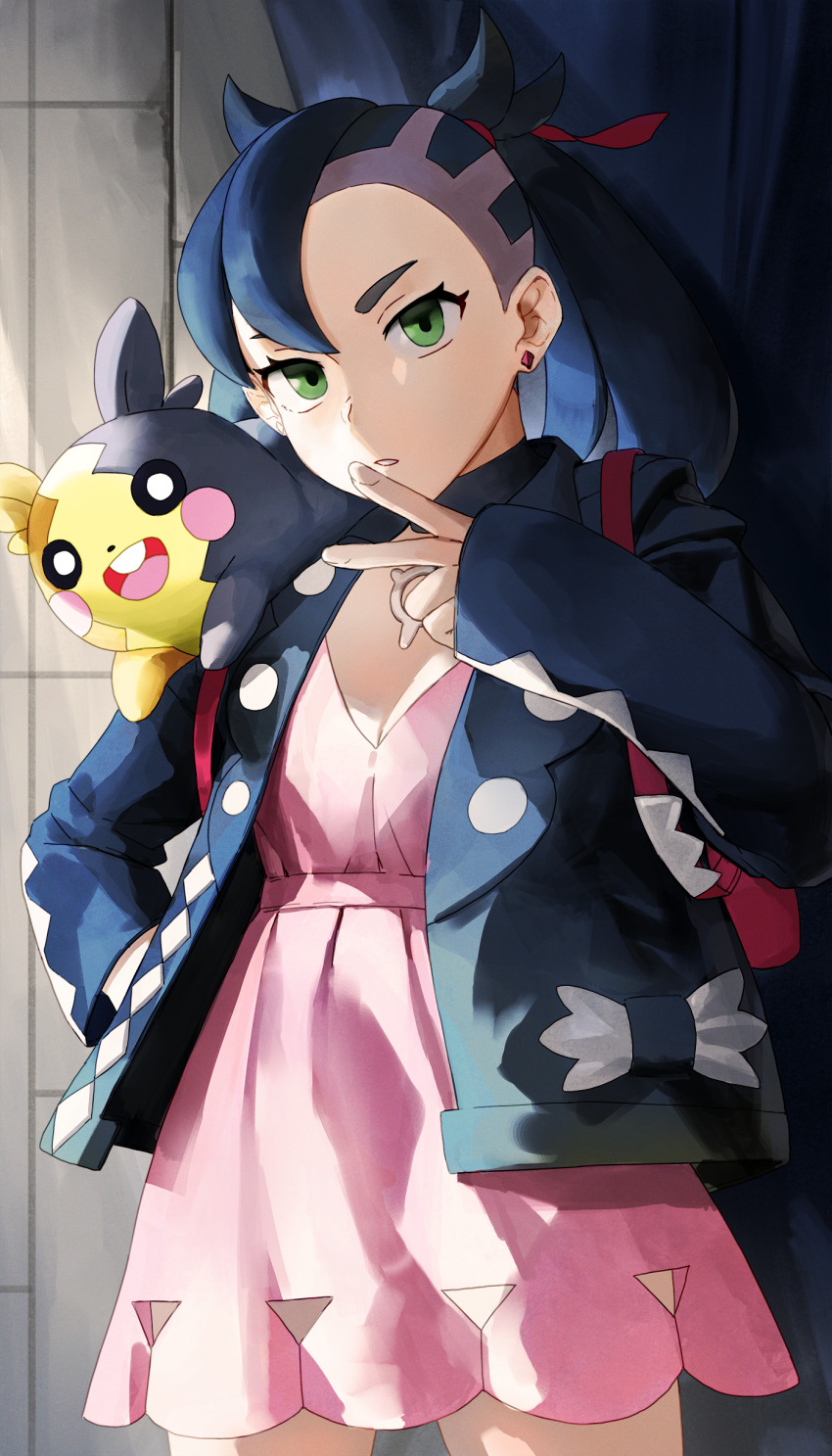 1girl, absurdres, asymmetrical_bangs, backpack, bag, black_hair, black_jacket, breasts