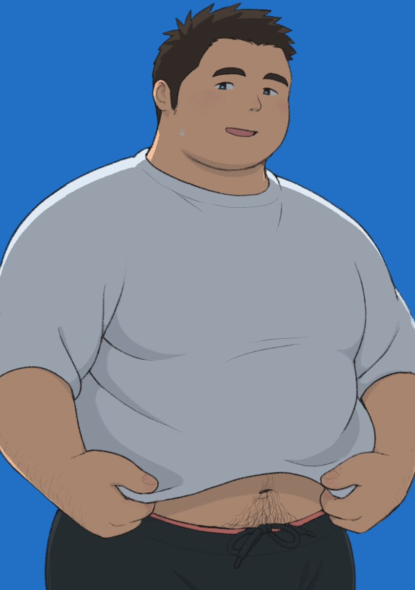 1boy, bara, belly, cowboy_shot, facial_hair, fat, fat_man, hairy