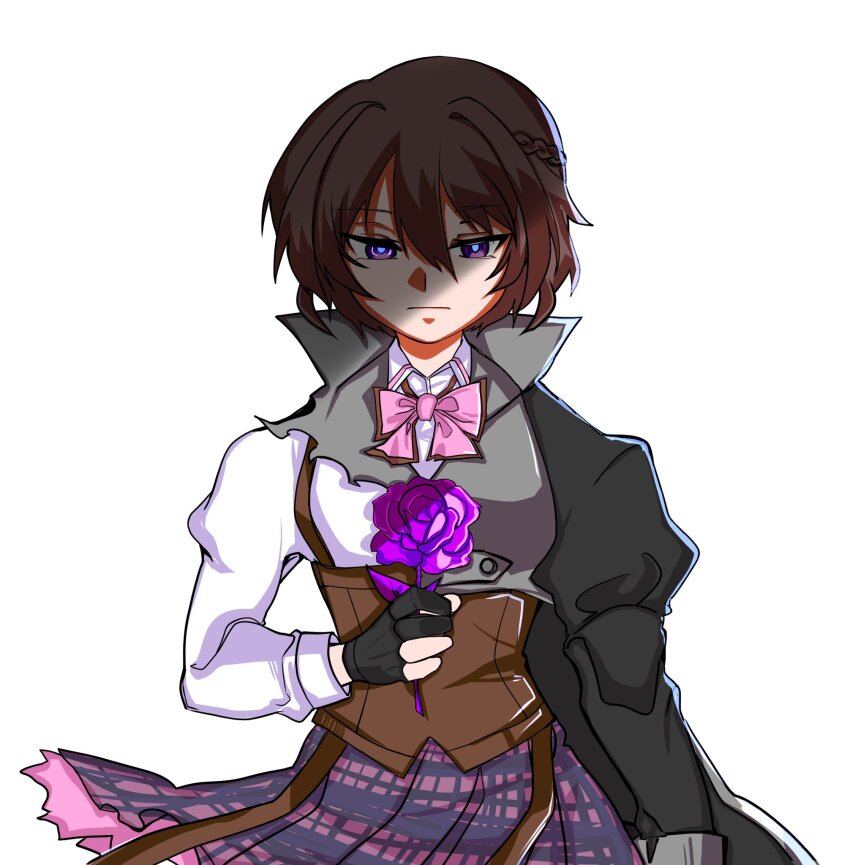 1girl, arm_at_side, assault_lily, black_gloves, black_jacket, bow, bowtie, braid