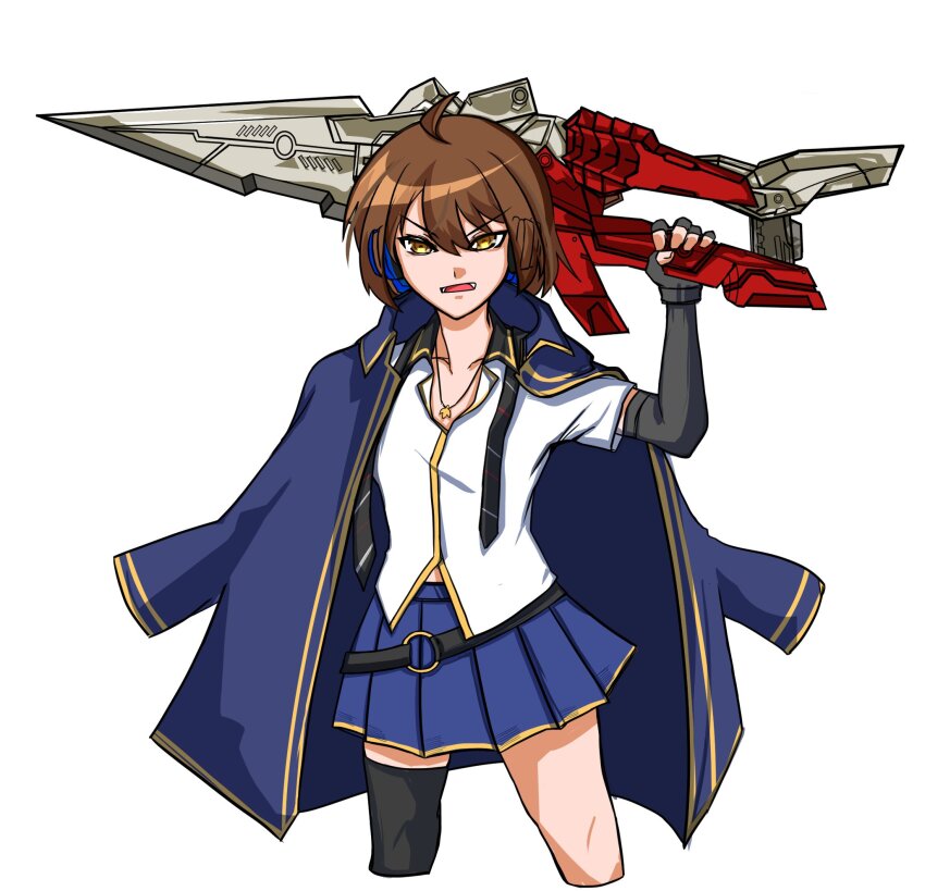 1girl, ahoge, assault_lily, belt, black_gloves, black_necktie, black_thighhighs, blue_jacket