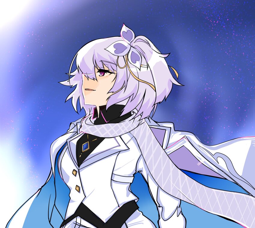 1girl, arms_at_sides, assault_lily, black_footwear, black_shirt, blue_background, blue_gem, breasts