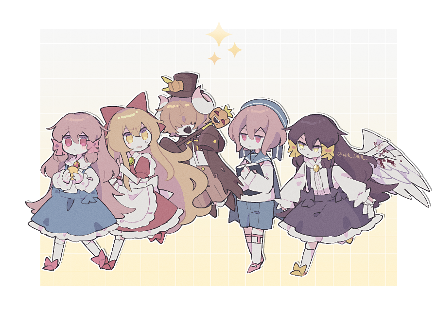 2boys, 3girls, angel_wings, brown_hair, compact_(cosmetics), cosmetics, demon_horns, dress