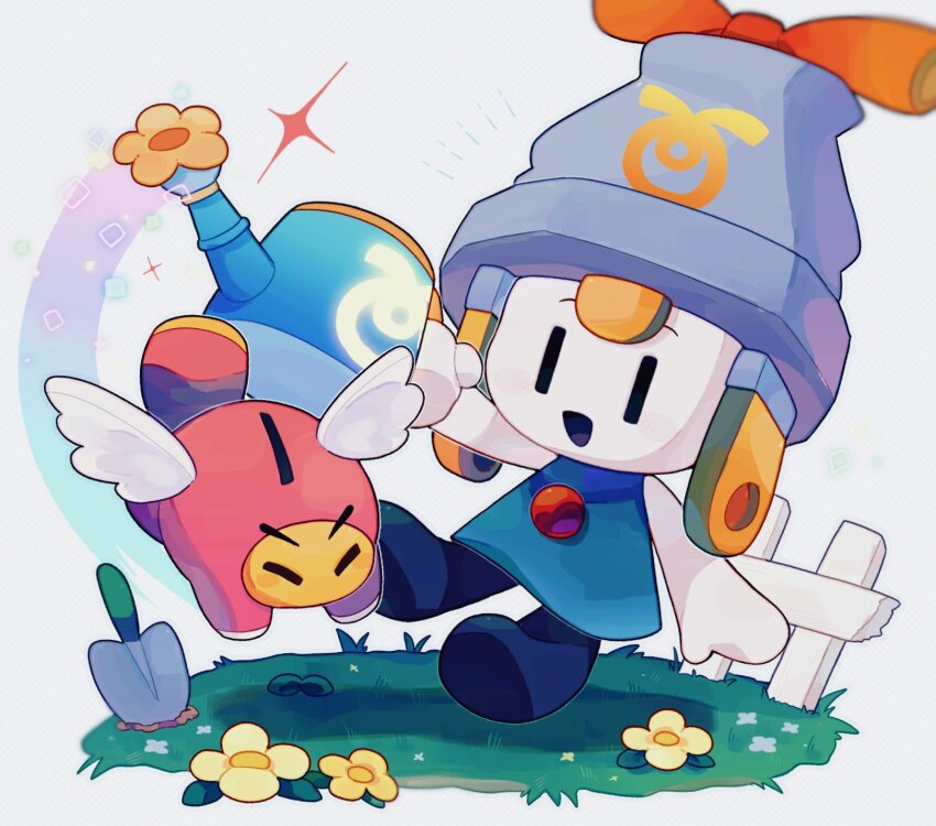 1boy, 1girl, :d, blue_dress, bow, brooch, colored_skin, commentary, connie_(mario), dress, electrical_outlet, empty_eyes, flower, flying, grass, hand_up, happy, highres, holding, jewelry, mario_&amp;_luigi:_brothership, mario_&amp;_luigi_rpg, mario_(series), mofupoyo, nintendo, open_mouth, orange_bow, simple_background, smile, snoutlet_(mario), watering_can, white_background, white_skin, wings