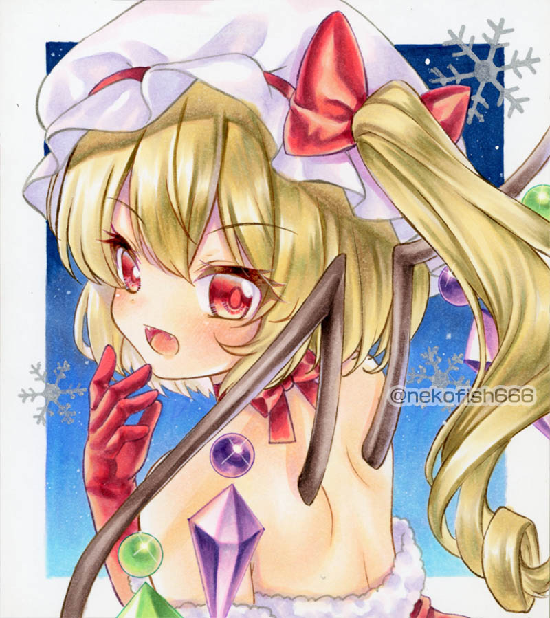 1girl, alternate_costume, blonde_hair, blue_background, commentary_request, crystal_wings, flandre_scarlet, gloves