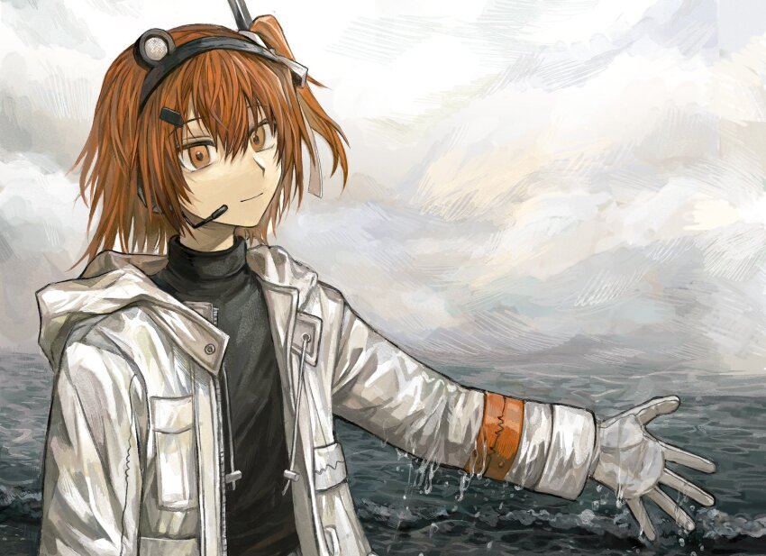 1girl, a.i._voice, adachi_rei, black_shirt, closed_mouth, cloud, cloudy_sky, commentary, drawstring, gloves, hair_ornament, hairclip, hashi_(84_rainco), headlamp, headset, highres, hood, hood_down, hooded_jacket, jacket, long_sleeves, looking_at_viewer, medium_hair, one_side_up, open_clothes, open_jacket, orange_eyes, orange_hair, outdoors, radio_antenna, shirt, sky, solo, turtleneck, upper_body, utau, watermark, wet, wet_clothes, white_gloves, white_jacket