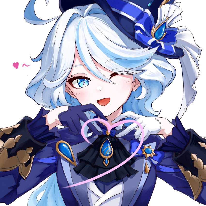 1girl, ;d, absurdres, ahoge, ascot, asymmetrical_gloves, black_ascot, blue_eyes