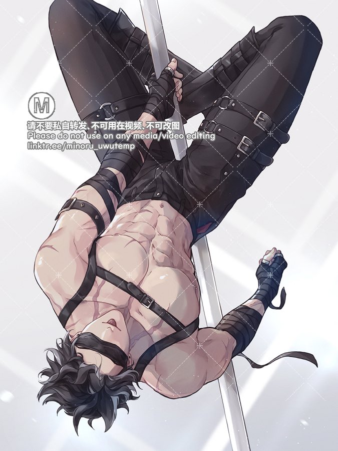 1boy, :p, abs, arm_belt, artist_name, bandaged_arm, bandages, belt
