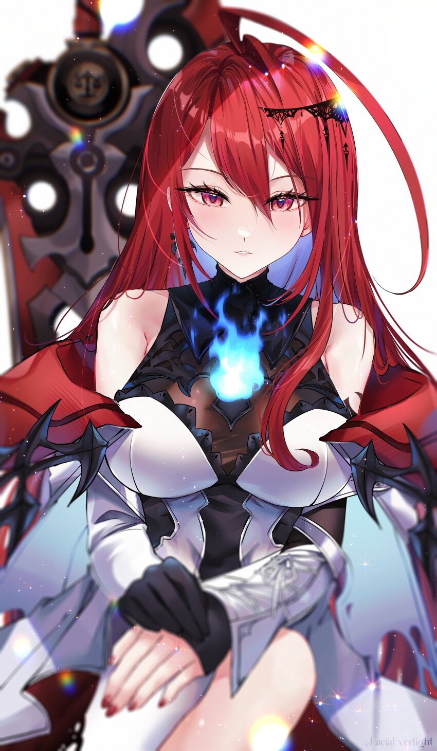 1girl, absurdres, ahoge, asymmetrical_gloves, bare_shoulders, blue_fire, blurry, breasts