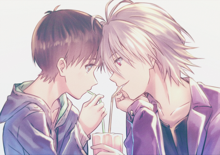 2boys, brown_hair, cup, drinking_straw, grey_hair, hood, hood_down, hooded_jacket
