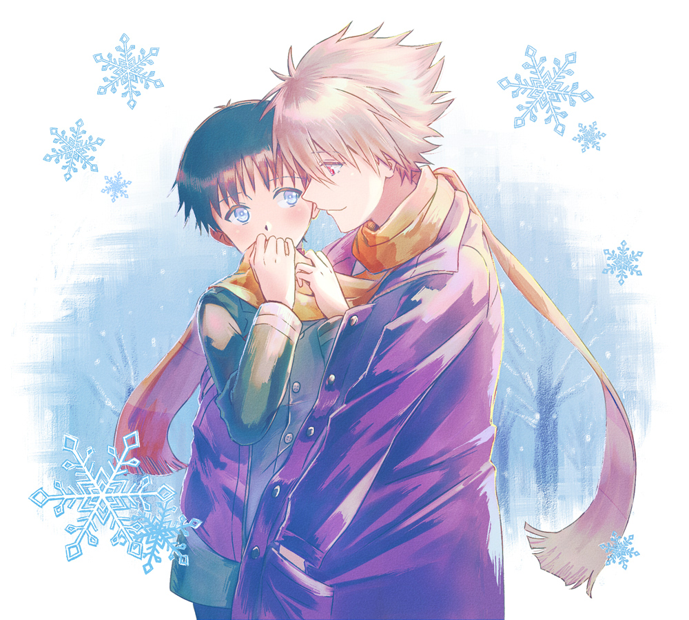 2boys, black_hair, blue_eyes, grey_hair, hands_in_pockets, ikari_shinji, looking_at_another, male_focus