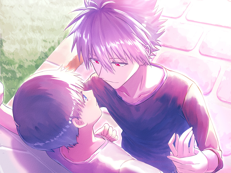 2boys, against_wall, black_hair, blue_eyes, brick_floor, grass, grey_hair, holding_hands