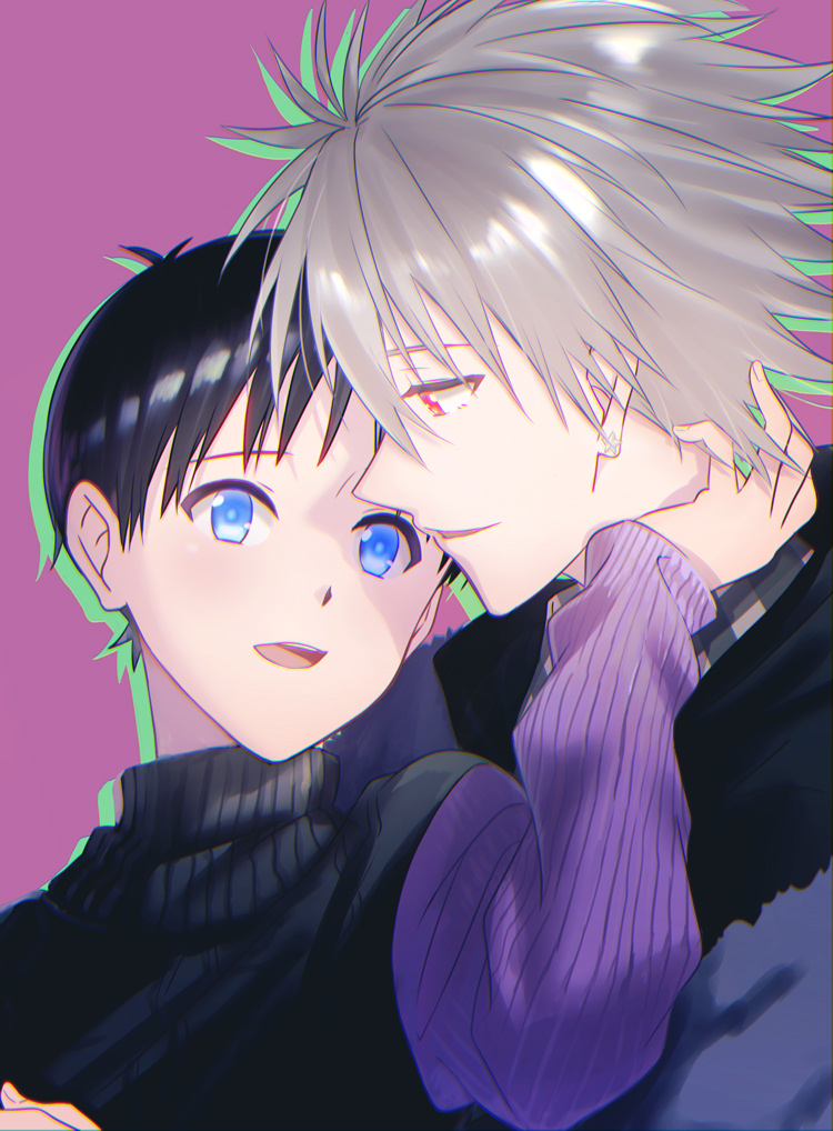 2boys, black_hair, blue_eyes, grey_hair, ikari_shinji, leaning_on_person, long_sleeves, looking_at_another, male_focus, multiple_boys, nagisa_kaworu, neon_genesis_evangelion, red_eyes, rosareah, turtleneck, winter_clothes, yaoi