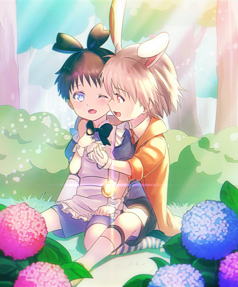 2boys, aged_down, alice_(alice_in_wonderland)_(cosplay), alice's_adventures_in_wonderland, black_hair, blue_eyes, bow, bowtie