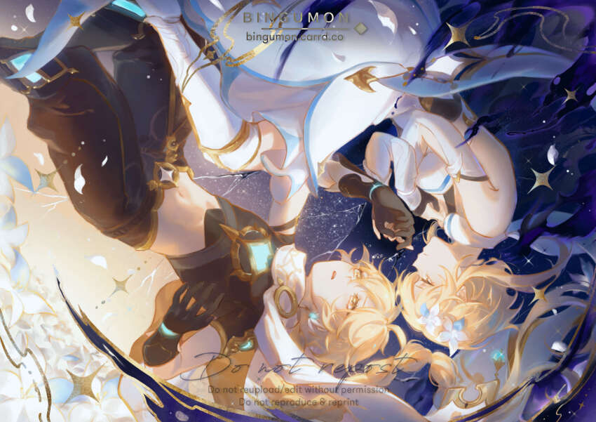 1boy, 1girl, aether_(genshin_impact), ahoge, arm_armor, armor, artist_name, baggy_pants