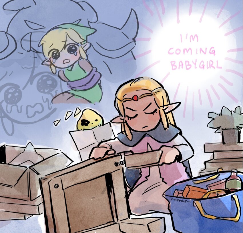 1girl, 2boys, artist_name, blonde_hair, blue_cape, blush_stickers, cape, cheppo, chibi, circlet, closed_eyes, commentary, creature, crying, crying_with_eyes_open, dress, english_commentary, english_text, ganon, green_hat, hat, highres, link, long_hair, long_sleeves, monster, multiple_boys, nintendo, pink_dress, pointy_ears, princess_zelda, table, tears, the_legend_of_zelda, the_legend_of_zelda:_echoes_of_wisdom, tri_(zelda), two-tone_dress, white_dress