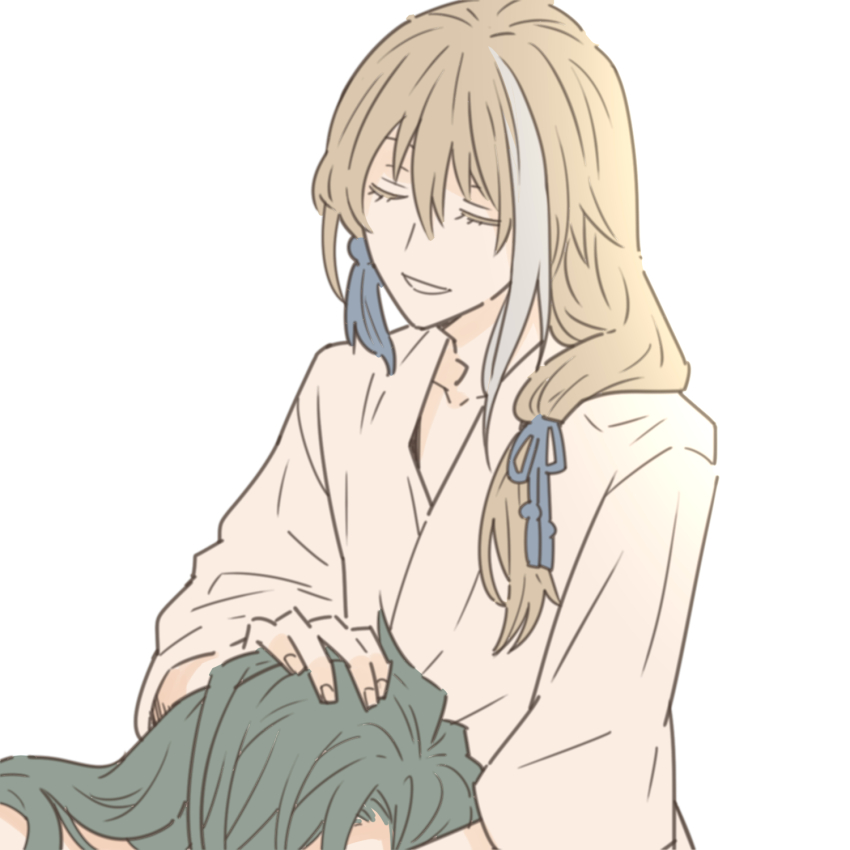 2boys, alternate_hairstyle, archer_(fate/samurai_remnant), closed_eyes, fate/samurai_remnant, fate_(series), green_hair, grey_hair